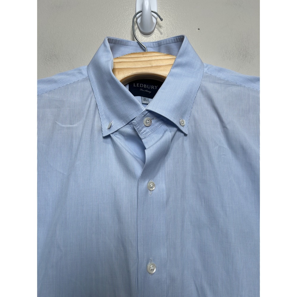 Ledbury Fine Shirting Mens 18 45cm Blue White Micro Stripe Button Down Shirt - Picture 3 of 7